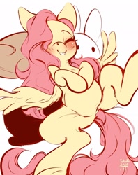 Size: 1618x2048 | Tagged: safe, artist:tohupo, character:fluttershy, species:pegasus, species:pony, blushing, cute, eyes closed, female, hair over one eye, hooves to the chest, mare, on back, shyabetes, smiling, solo, spread legs, spread wings, spreading, wings