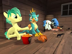 Size: 1024x768 | Tagged: safe, artist:horsesplease, character:gallus, character:party favor, character:sandbar, species:bird, species:chicken, 3d, doggie favor, eating, food, gallus the rooster, gmod, kfc, meat, ponies eating meat