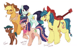 Size: 1280x805 | Tagged: safe, artist:overlordneon, character:applejack, character:coloratura, oc, oc:apple jam, oc:jonagold chorale, oc:lil' timbre, parent:applejack, parent:coloratura, parents:rarajack, species:earth pony, species:pony, ship:rarajack, bandana, clothing, colt, cowboy hat, family, female, filly, foal, guitar, hat, lesbian, magical lesbian spawn, male, mare, musical instrument, next generation, offspring, shipping, simple background, stallion, straw in mouth, white background