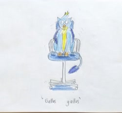 Size: 3247x3016 | Tagged: safe, artist:horsesplease, character:gallus, derp, gallus the rooster, good trick, office chair, solo, spinning, traditional art