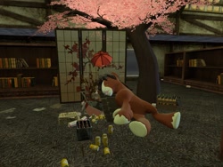 Size: 1024x768 | Tagged: safe, artist:horsesplease, character:trouble shoes, 3d, alcohol, beer, cherry blossoms, flower, flower blossom, gmod, sleeping, tree