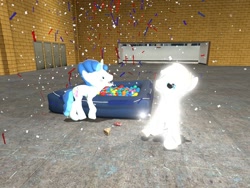 Size: 1024x768 | Tagged: safe, artist:horsesplease, character:double diamond, character:party favor, species:earth pony, species:pony, species:unicorn, 3d, annoyed, ball pit, barking, catasterism, confetti, dashcon, doggie favor, glow, gmod, stars, upset