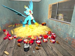 Size: 1024x768 | Tagged: safe, artist:horsesplease, character:gallus, species:bird, species:chicken, 3d, alarm clock, angry, bleach, carnivore, clock, corn, crowing, food, gallus the rooster, gmod, griffons doing griffon things, kfc, nest, star butterfly, star vs the forces of evil