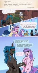 Size: 1280x2418 | Tagged: safe, artist:overlordneon, character:flash sentry, character:princess cadance, character:princess flurry heart, character:shining armor, character:zecora, oc, oc:chriki, parent:queen chrysalis, species:alicorn, species:changepony, species:pegasus, species:pony, species:unicorn, species:zebra, adult, adult flurry heart, armor, ask, beard, comic, crystal guard, crystal guard armor, dialogue, facial hair, female, hybrid, male, mare, next generation, older, older flurry heart, open mouth, raised hoof, royal guard, spear, speech bubble, stallion, tumblr, weapon