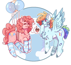 Size: 1024x942 | Tagged: safe, artist:plagued-arts, character:pinkie pie, character:rainbow dash, species:earth pony, species:pegasus, species:pony, ship:pinkiedash, balloon, chest fluff, clothing, female, floating, flying, hooves, lesbian, mare, shipping, socks, striped socks, then watch her balloons lift her up to the sky, wings