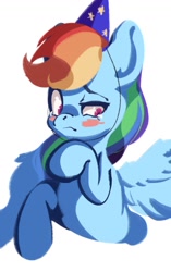 Size: 1227x1960 | Tagged: safe, artist:tohupo, character:rainbow dash, species:pony, birthday, clothing, cute, female, happy birthday, hat, mare, party hat, rainbow dash day, rainbow dash's birthday, simple background, solo, teary eyes, white background