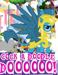 Size: 352x459 | Tagged: safe, artist:horsesplease, gameloft, character:gallus, episode:the last problem, g4, my little pony: friendship is magic, behaving like a rooster, caption, cock-a-doodle-doo, crowing, expand dong, exploitable meme, gallus the rooster, image macro, meme, royal guard gallus, text, wow! glimmer