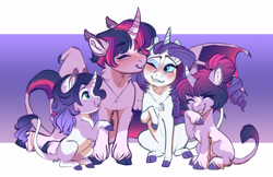 Size: 5100x3300 | Tagged: safe, artist:earthsong9405, edit, character:rarity, character:twilight sparkle, character:twilight sparkle (alicorn), oc, oc:amethyst, oc:lavender, parent:rarity, parent:twilight sparkle, parents:rarilight, species:alicorn, species:bat pony, species:pony, species:unicorn, ship:rarilight, bat pony alicorn, blaze (coat marking), blushing, chest fluff, cloven hooves, colored hooves, commission, cropped, family, female, filly, foal, kiss on the cheek, kissing, laughing, leonine tail, lesbian, magical lesbian spawn, mare, nuzzling, offspring, one eye closed, piebald colouring, shipping, socks (coat marking), species swap, unshorn fetlocks, wing claws