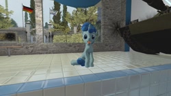 Size: 1280x720 | Tagged: safe, artist:horsesplease, character:party favor, species:pony, species:unicorn, 3d, background pony, behaving like a dog, doggie favor, flag, germany, gmod, male, sitting, smiling, solo, stallion, swimming pool, tank (vehicle), tongue out