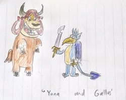 Size: 2825x2240 | Tagged: safe, artist:horsesplease, character:gallus, character:yona, species:griffon, species:yak, bow, cloven hooves, colored pencil drawing, cow and chicken, female, gallus the rooster, hair bow, khopesh, lined paper, male, monkey swings, style emulation, sword, traditional art, weapon