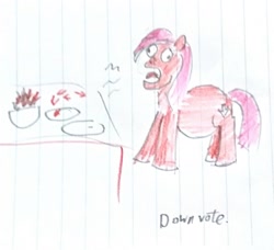 Size: 2452x2240 | Tagged: safe, artist:horsesplease, oc, oc only, oc:downvote, species:pony, derpibooru, derpibooru ponified, burp, derp, downvote's downvotes, downvotes are upvotes, fat, lined paper, meta, ponified, solo, traditional art