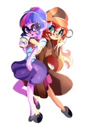 Size: 990x1388 | Tagged: safe, artist:tohupo, character:sunset shimmer, character:twilight sparkle, character:twilight sparkle (scitwi), species:eqg human, my little pony:equestria girls, clothing, coffee cup, cup, detective, detective shimmer, duo, hat, simple background, white background