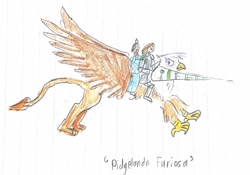 Size: 1280x897 | Tagged: safe, artist:horsesplease, character:gilda, species:human, chinese, female, flying, italian, knight, lance, lined paper, male, orlando furioso, pidge, prince, traditional art, unamused, voltron, voltron legendary defender, weapon