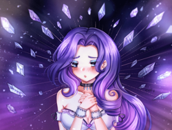 Size: 1920x1450 | Tagged: dead source, safe, artist:melfy, character:rarity, species:human, abstract background, bare shoulders, beautiful, blushing, bra, breasts, bust, busty rarity, cleavage, clothing, collar, crystal, cuffs, cute, cutie mark, cutie mark accessory, diamond, female, humanized, indexed png, magic, raribetes, solo, underwear, ych result