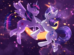 Size: 2732x2048 | Tagged: safe, artist:iimd, artist:imd, character:rarity, character:twilight sparkle, character:twilight sparkle (alicorn), species:alicorn, species:pony, species:unicorn, ship:rarilight, blushing, crescent moon, female, galaxy, lesbian, looking at you, mare, moon, shipping, stars, ych result