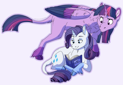 Size: 1864x1286 | Tagged: safe, artist:arcticwaters, character:rarity, character:twilight sparkle, character:twilight sparkle (alicorn), species:alicorn, species:pony, species:unicorn, ship:rarilight, book, female, lesbian, shipping