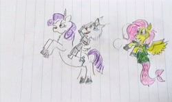 Size: 3756x2240 | Tagged: safe, artist:horsesplease, character:fluttershy, character:rarity, species:seapony (g4), species:wolf, animal crossing, armor, clothing, lined paper, mermaid, merpony, rearing, riding, seaponified, seapony fluttershy, species swap, sword, traditional art, weapon, whitney