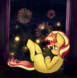 Size: 564x570 | Tagged: safe, artist:jika, character:sunset shimmer, species:pony, species:unicorn, female, fireworks, gazing, mare, profile, sitting, solo, window