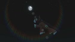 Size: 1280x720 | Tagged: safe, artist:horsesplease, character:trouble shoes, 3d, cape, clothing, flying, gmod, moon, superhero