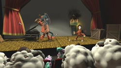 Size: 1280x720 | Tagged: safe, artist:horsesplease, character:trouble shoes, 3d, audience, bottle, can, crossover, drunk, drunken shoes, fire, galarian ponyta, gmod, mudsdale, musical instrument, piano, pokémon, ponyta, sign, stage, talk show, wooloo