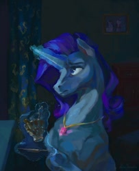 Size: 1024x1264 | Tagged: safe, artist:malinetourmaline, character:rarity, species:pony, species:unicorn, fanfic:the enchanted kingdom, fanfic:the enchanted library, cup, curtains, fanfic art, jewelry, magic, necklace, solo, spoon, teacup