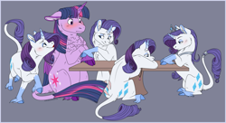 Size: 2569x1393 | Tagged: safe, artist:arcticwaters, character:rarity, character:twilight sparkle, character:twilight sparkle (alicorn), species:alicorn, species:pony, species:unicorn, fanfic:crimson lips, fanfic:the enchanted kingdom, fanfic:the enchanted library, ship:rarilight, blushing, bodyguard au, cloven hooves, commonity, fanfic art, female, holding hooves, jewelry, leonine tail, lesbian, lipstick, multeity, necklace, ponified humanized pony, princess rarity, scar, shipping, table, tail ring, tiara, too many ponies