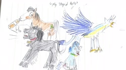 Size: 4032x2240 | Tagged: safe, artist:horsesplease, character:gallus, character:trouble shoes, alcohol, barking, beer, bottle, crowing, derp, doggie favor, drunk, drunken shoes, gallus the rooster, lined paper, panting, sombra dog, tongue out, traditional art