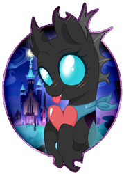 Size: 1502x2095 | Tagged: safe, artist:souleevee99, oc, oc only, oc:incantation, species:changeling, fanfic:the enchanted kingdom, fanfic:the enchanted library, bandana, castle of the royal pony sisters, changeling oc, fanfic art, heart, heart pillow, pillow, simple background, solo, tongue out, transparent background
