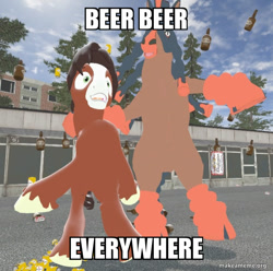 Size: 712x705 | Tagged: safe, artist:horsesplease, character:trouble shoes, alcohol, beer, bottle, caption, crossover, drunk, drunken shoes, image macro, mudsdale, pokémon, text, x x everywhere