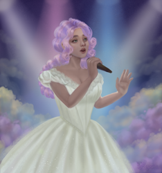 Size: 1600x1711 | Tagged: safe, artist:myseria, character:sweetie belle, species:human, christine daae, clothing, dress, female, fog, humanized, microphone, phantom of the opera, singing, solo, spotlight