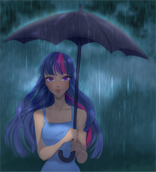 Size: 2326x2559 | Tagged: safe, artist:rubinine9, character:twilight sparkle, species:human, fanfic:demons and desires, clothing, dress, female, humanized, rain, solo, umbrella