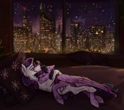 Size: 3000x2651 | Tagged: safe, artist:tired_dog, character:rarity, character:twilight sparkle, character:twilight sparkle (alicorn), species:alicorn, species:pony, species:unicorn, fanfic:the enchanted kingdom, fanfic:the enchanted library, ship:rarilight, city, cityscape, cloak, clothing, cutie mark, cutie mark on clothes, fanfic art, female, jewelry, lesbian, lying on top of someone, necklace, pillow, scar, shipping, skyline, sleeping