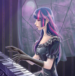 Size: 1942x1975 | Tagged: safe, artist:pink_stardust, character:twilight sparkle, fanfic:the sickness unto death, clothing, curtains, dress, evening gloves, fanfic art, gloves, gothic, humanized, long gloves, moon, musical instrument, piano, playing instrument, solo, vampire, window