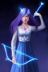 Size: 2203x3274 | Tagged: safe, artist:solojian, character:rarity, species:human, arrow, bow (weapon), clothing, cutie mark, dress, element of generosity, female, hairclip, horn, horned humanization, humanized, magic, solo