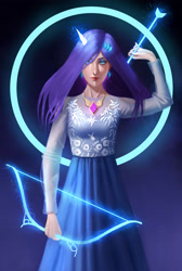Size: 2203x3274 | Tagged: safe, alternate version, artist:solojian, character:rarity, species:human, abstract background, arrow, bow (weapon), clothing, cutie mark, dress, element of generosity, female, hairclip, horn, horned humanization, humanized, magic, solo