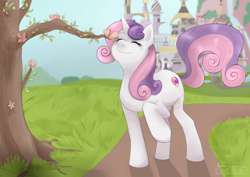 Size: 3510x2490 | Tagged: safe, artist:sugarstarway, character:sweetie belle, species:pony, species:unicorn, canterlot, eyes closed, female, flower, high res, older, older sweetie belle, smiling, solo, tree