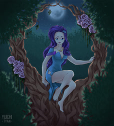 Size: 1240x1357 | Tagged: safe, artist:yuichi-tyan, character:rarity, my little pony:equestria girls, barefoot, breasts, cleavage, clothing, dress, element of generosity, feet, female, flower, full moon, hairclip, jewelry, legs, moon, nail polish, necklace, solo, toenail polish, tree