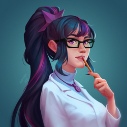 Size: 2500x2500 | Tagged: safe, artist:kripsody, character:twilight sparkle, character:twilight sparkle (scitwi), species:eqg human, species:human, my little pony:equestria girls, bust, clothing, female, geode of telekinesis, glasses, human coloration, humanized, jewelry, lab coat, magical geodes, necklace, pencil, ponytail, solo