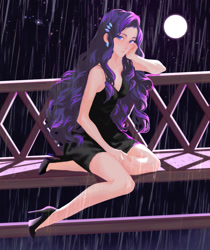 Size: 1654x1968 | Tagged: safe, artist:elii116, character:rarity, species:human, fanfic:demons and desires, beautiful, bench, clothing, cutie mark, dress, ear piercing, earring, female, full moon, hairclip, high heels, humanized, jewelry, legs, little black dress, moon, night, piercing, rain, shoes, sitting, solo, stars