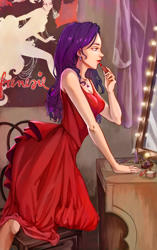 Size: 1884x3000 | Tagged: safe, artist:ronna, artist:tarakanovich, character:rarity, species:human, fanfic:crimson lips, accessories, applying makeup, breasts, chair, cleavage, clothing, curtain, desk, dress, ear piercing, earring, featured on derpibooru, female, humanized, jewelry, lightbulb, lipstick, mirror, necklace, piercing, poster, sexy, sleeveless, solo, theater, vanity
