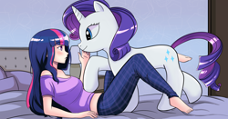 Size: 4960x2600 | Tagged: safe, artist:danny94, character:rarity, character:twilight sparkle, species:human, species:pony, ship:rarilight, anatomically incorrect, bed, clothing, desk, female, human and pony, human female on mare, human on pony action, humanized, incorrect leg anatomy, interspecies, lamp, lesbian, pajamas, shipping