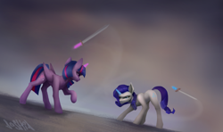 Size: 5105x3012 | Tagged: safe, artist:dashid, character:rarity, character:twilight sparkle, character:twilight sparkle (alicorn), species:alicorn, species:pony, species:unicorn, g4, absurd resolution, duel, female, glowing horn, horn, looking at each other, looking at someone, magic, magic aura, mare, raised hoof, signature, sword, swordfight, telekinesis, weapon