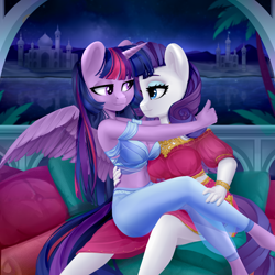 Size: 4000x4000 | Tagged: safe, artist:shoosha, artist:shooshaa, character:rarity, character:twilight sparkle, character:twilight sparkle (alicorn), species:alicorn, species:anthro, species:unicorn, ship:rarilight, g4, absurd resolution, arms around neck, bracelet, clothing, cushion, dress, duo, eye contact, eyebrows, female, harem outfit, jewelry, lesbian, looking at each other, mare, midriff, necklace, palm tree, pants, profile, river, saddle arabia, saddle arabian, saddle arabian outfit, see-through, shipping, sitting, three quarter view, tree