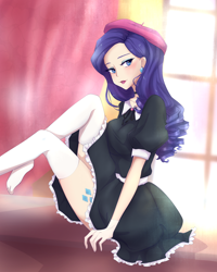 Size: 2000x2500 | Tagged: safe, artist:ponnyan, character:rarity, species:human, beret, clothing, curtains, cutie mark, cutie mark on human, cutie mark tattoo, dress, ear piercing, earring, female, hat, humanized, jewelry, piercing, sitting, solo, stockings, tattoo, thigh highs, window