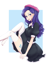 Size: 2000x2500 | Tagged: safe, artist:ponnyan, character:rarity, species:human, abstract background, beret, clothing, cutie mark, cutie mark on human, cutie mark tattoo, dress, ear piercing, earring, female, hat, humanized, jewelry, piercing, sitting, socks, solo, stockings, tattoo, thigh highs