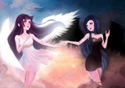Size: 4961x3508 | Tagged: safe, artist:maris, character:rarity, character:twilight sparkle, species:human, ship:rarilight, angel, angel wing, clothing, cutie mark on human, cutie mark tattoo, dress, fallen angel, female, humanized, jewelry, lesbian, necklace, reaching out, shipping, tattoo, winged humanization, wings