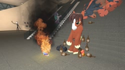 Size: 1280x720 | Tagged: safe, artist:horsesplease, character:trouble shoes, 3d, angry, baltimore convention center, bipedal, bronycon, clothing, crossover, drunk, drunken shoes, fedora, fire, galarian ponyta, gmod, hat, marionette, mudsdale, pokémon, ponyta, sad, sfm pony, unown