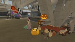 Size: 1280x720 | Tagged: safe, artist:horsesplease, character:trouble shoes, species:human, g4, 3d, baltimore convention center, bronycon, chair, crossover, drunk, drunken shoes, galarian ponyta, gmod, halloween, holiday, jack-o-lantern, pokémon, ponyta, pumpkin, sfm pony, sleeping, throne