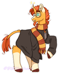 Size: 628x782 | Tagged: safe, artist:plagued-arts, character:sunburst, species:pony, species:unicorn, g4, cape, clothing, crossover, glasses, gryffindor, harry potter, male, robe, scarf, simple background, smiling, solo, stallion, transparent background, uniform, wizard