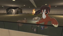 Size: 1280x720 | Tagged: safe, artist:horsesplease, character:trouble shoes, g4, 3d, alcohol, alone, baltimore convention center, bottle, bronycon, budweiser, car, card, fire, food, gmod, sad, sandwich, tent
